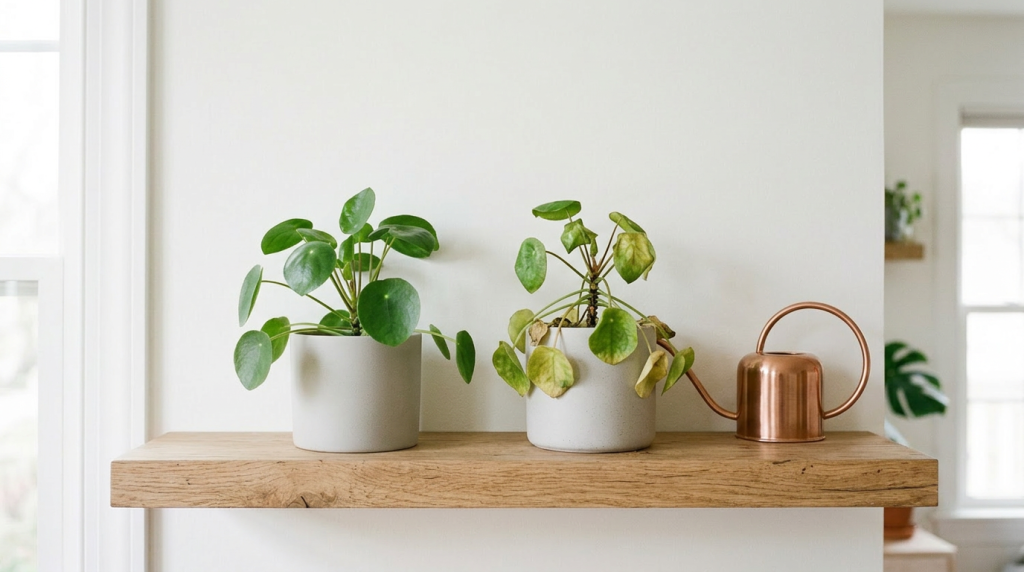 生き生きとした植物と黄色く枯れた植物とじょうろが置いてある、明るい室内の様子。