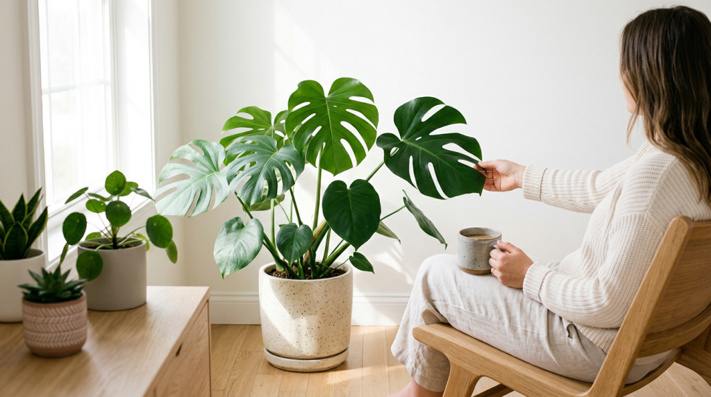 明るい窓際で白い鉢に植えられたモンステラに触れる女性と、柔らかな自然光が差し込むミニマルな室内。