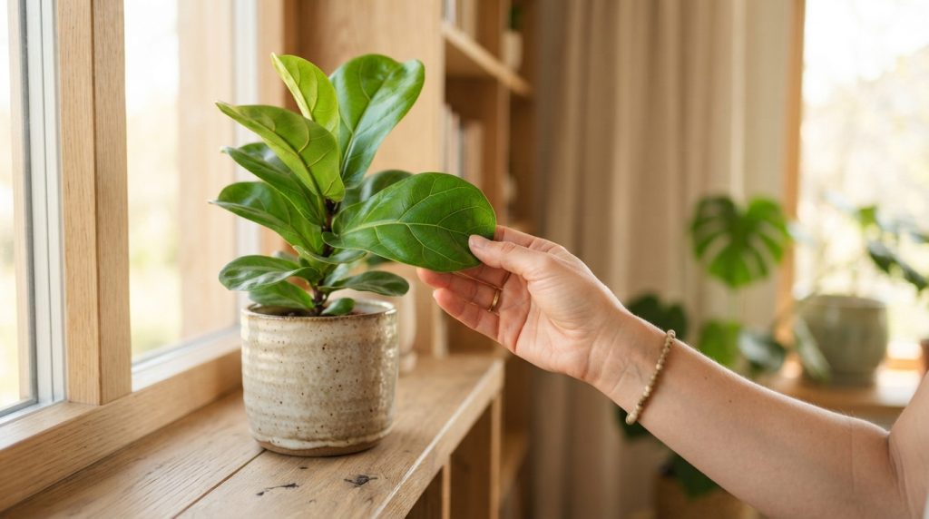健康的な観葉植物の鮮やかな緑色の葉に優しく手を添えている様子。