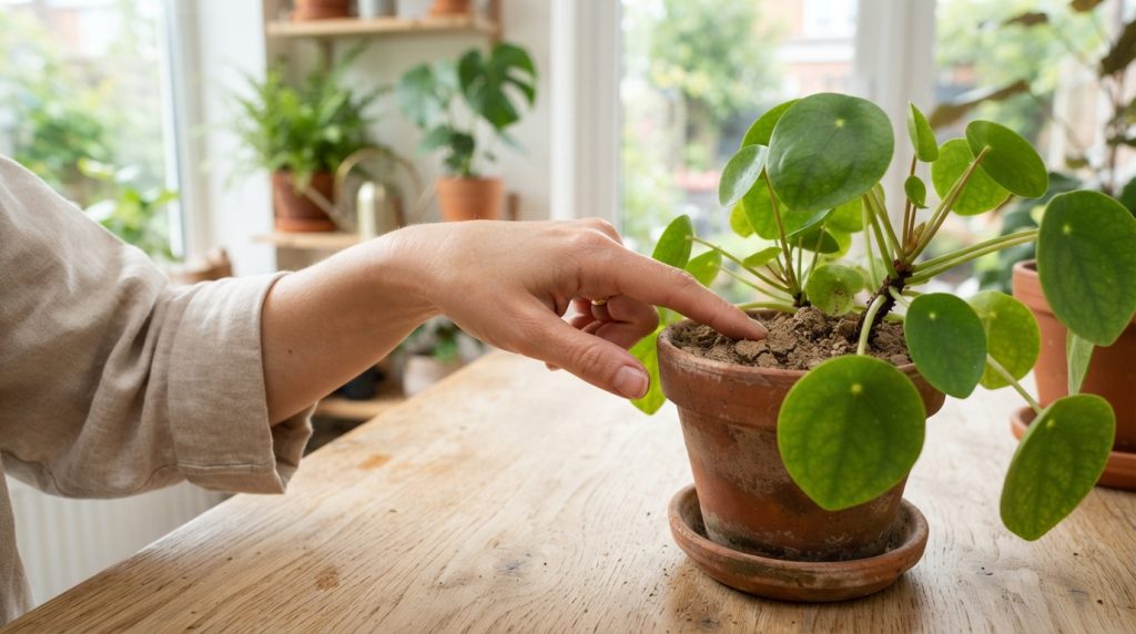 茶色い鉢に植えられた観葉植物の土の乾き具合を手で優しく触って確認している様子。