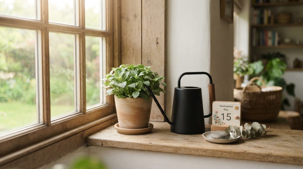 観葉植物の隣に置かれたシンプルでスタイリッシュな水差しと、季節感を感じさせる明るい室内。