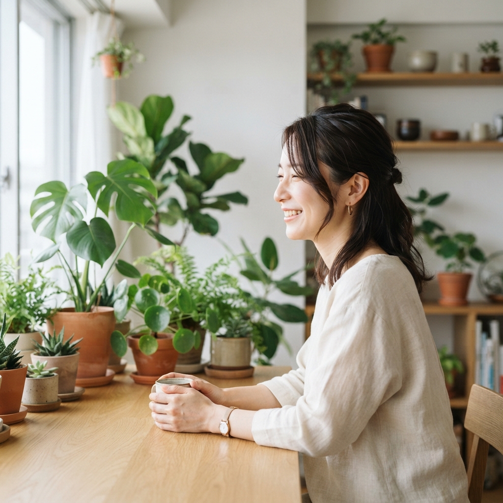  柔らかな自然光が差し込む明るい室内で、観葉植物に囲まれて穏やかに微笑む女性（運営者のみどり）のポートレート。